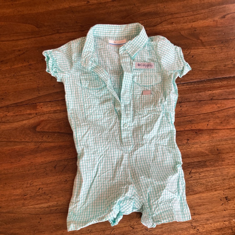Columbia Kids Light Green Checkered Button Down Short Onesie